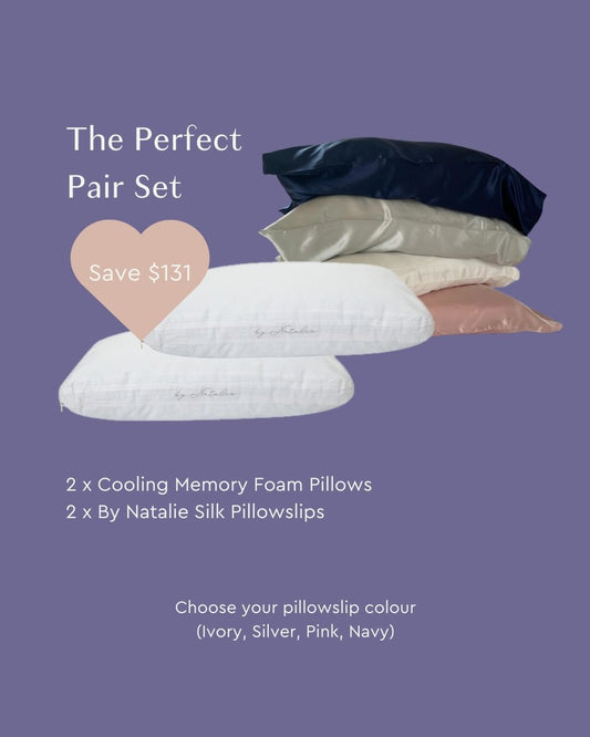 The Perfect Pair Set: Cooling Memory Foam Pillows, Silk Pillowslips - Save $131