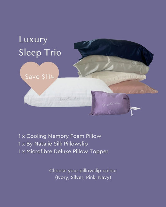 Luxury Sleep Trio: Cooling Memory Foam Pillow, Silk Pillowslip + Microfiber Topper - Save $114!